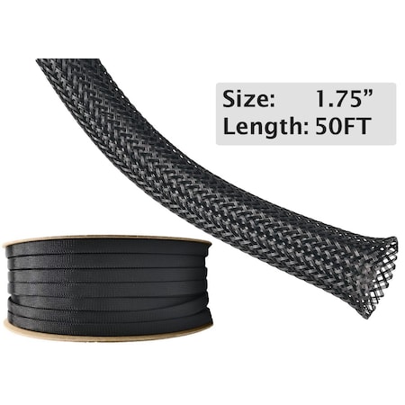 Electriduct Braided Cable Sleeve, 1-3/4 in Inside Dia., 10 ft, Polyethylene Terephthalate, Black BS-XO-175-BK-50